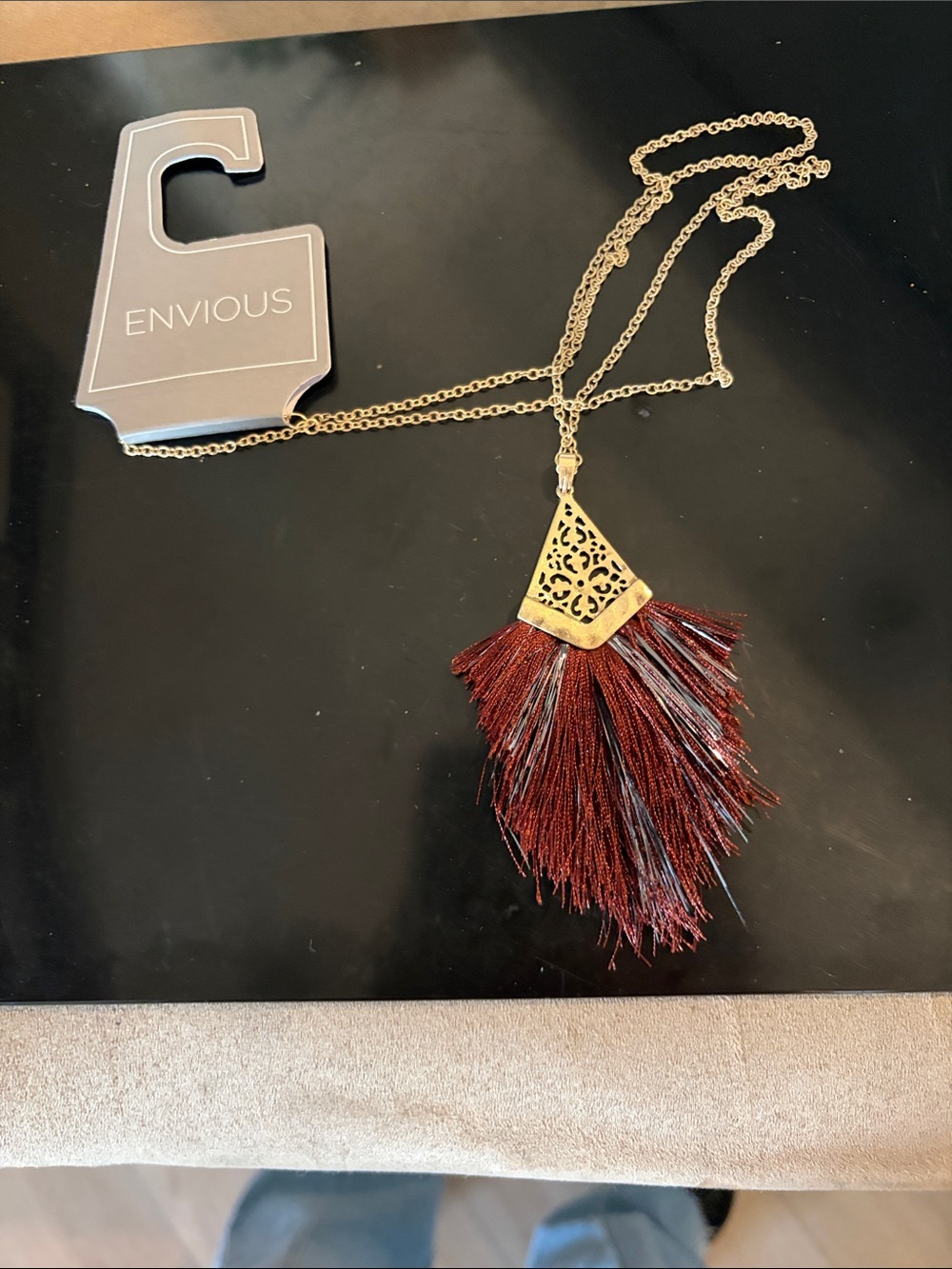 Gold-Tone Necklace with Burgundy Tassel Pendant